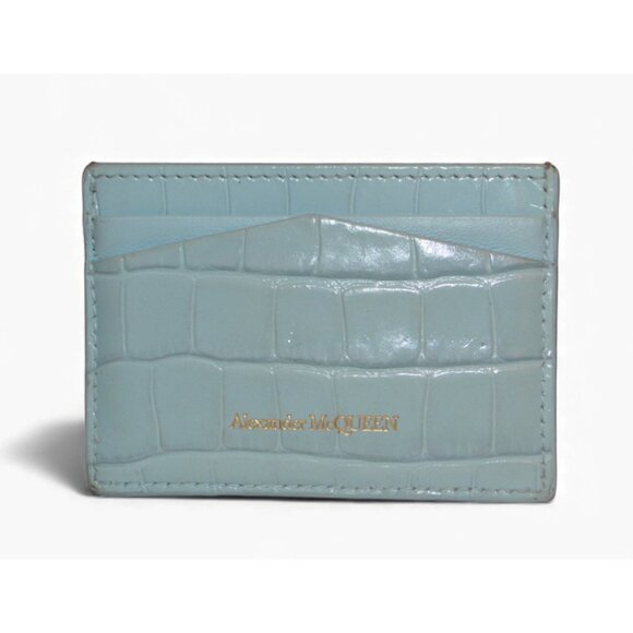 Alexander McQueen Sky Blue Croc Embossed Leather Skull Card Holder - Picture 2 of 4